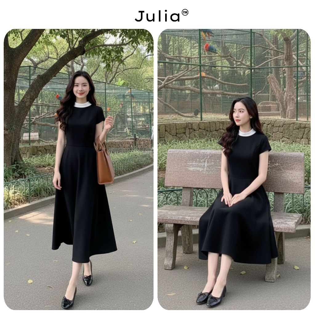 เดรสบานคอกลมสีดําสํานักงานหรูหรา - แฟลต ใส่ทํางาน ปาร์ตี้_บี0160