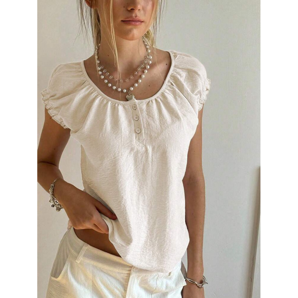 Bubbli Summer Casual Tee / Shoujo Coquette Round Neck Puff Sleeve Shirt/ Burn Earth