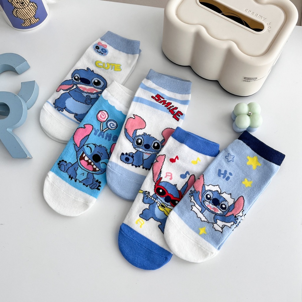 Stitch Hi Smile ถุงเท้าข้อสั้นลายการ์ตูนสีฟ้าและสีขาวน่ารัก