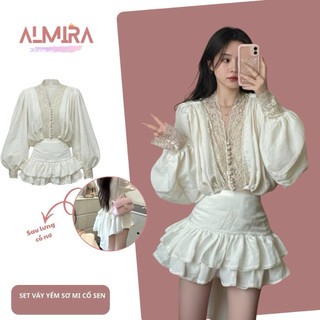 [Tặng Áo Quây] Sét Váy Gió Nhăn Phối Ren Kèm Chân Váy Thắt Nơ V001