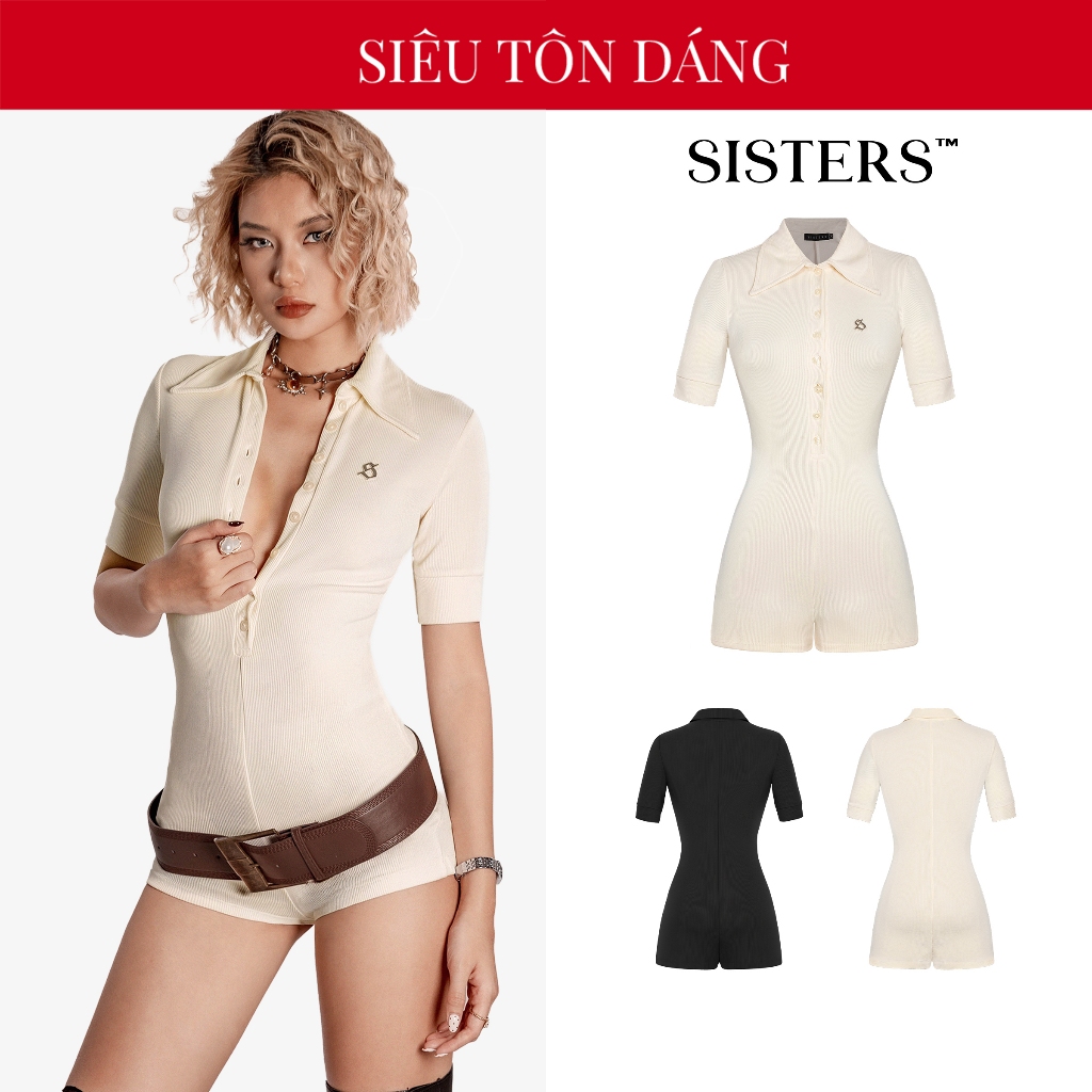 SISTERS จั๊มสูทขาสั้นผู้หญิงคอปกเปิดลง โปโลจั๊มยืด สีเข้ารูปเซ็กซี่ คามิลลา ครีม | SS-J68-K