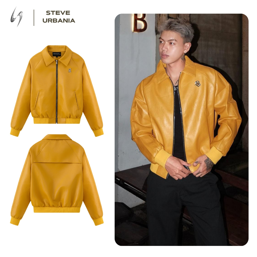 STEVE URBANIA เสื้อแจ็คเก็ตหนังทรงกล่องทําจากหนัง simili นําเข้า หนัง Varsity Jacket สีเหลืองสําหรับผู้ชายและผู้หญิง - AK09