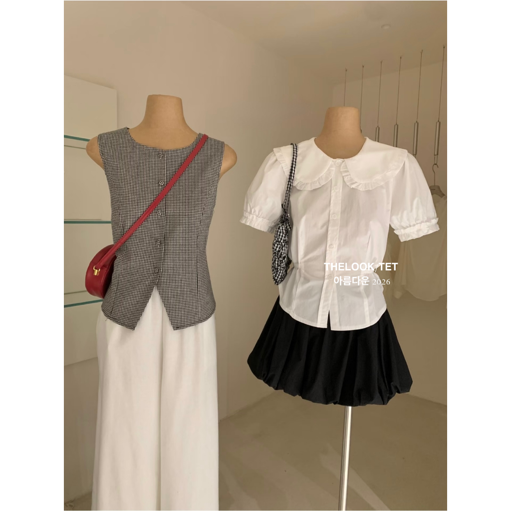 เสื้อเชิ้ตแขนสั้นสไตล์เกาหลีพร้อมคอชิ้น WGWE 8766