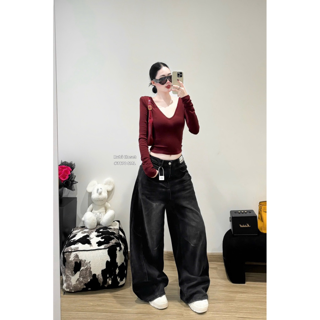 กางเกงยีนส์กระเป๋าม้าทรงหลวม คิวซีแอล1 (7870)