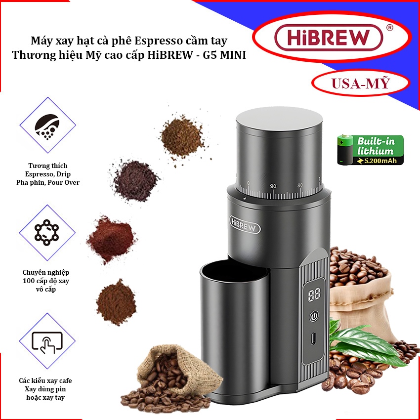 เครื่องบดเมล็ดกาแฟ Espresso แบบมือถือ ใช้แบตเตอรี่ แบรนด์อเมริกันพรีเมี่ยม HiBREW - G5 MINI
