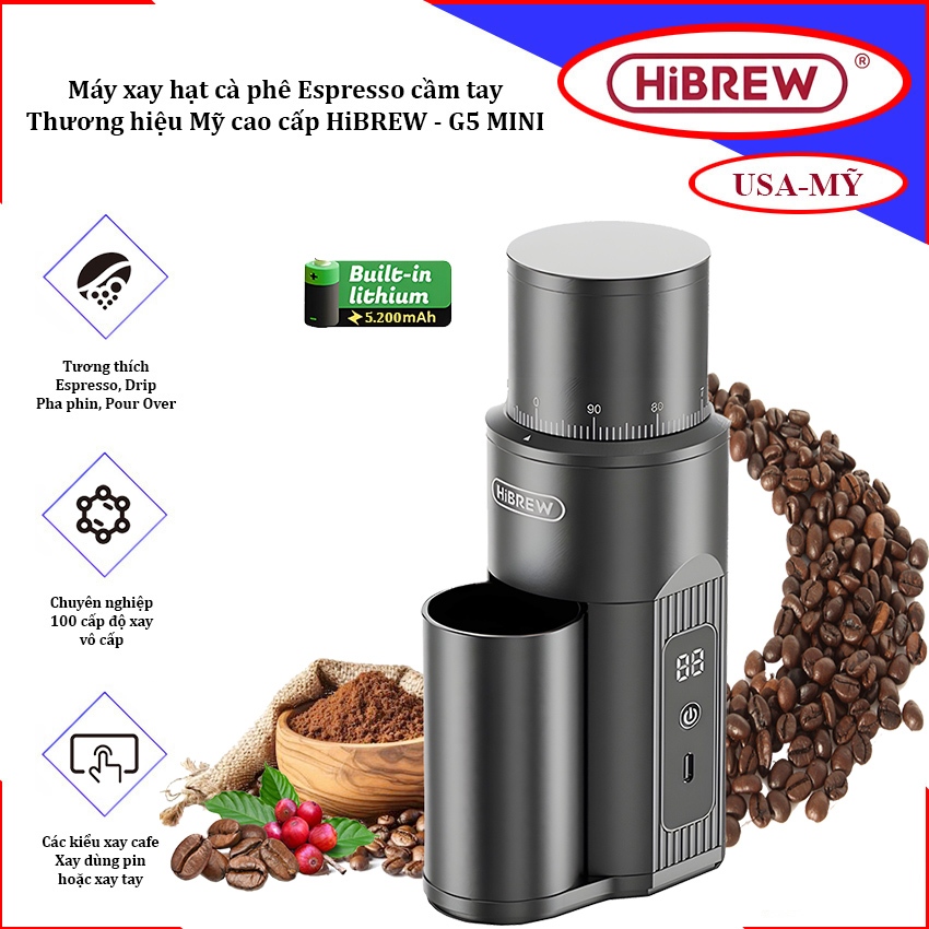 เครื่องบดเมล็ดกาแฟ Espresso แบบมือถือ ใช้แบตเตอรี่ แบรนด์อเมริกันพรีเมี่ยม HiBREW - G5 MINI - ผลิตภั
