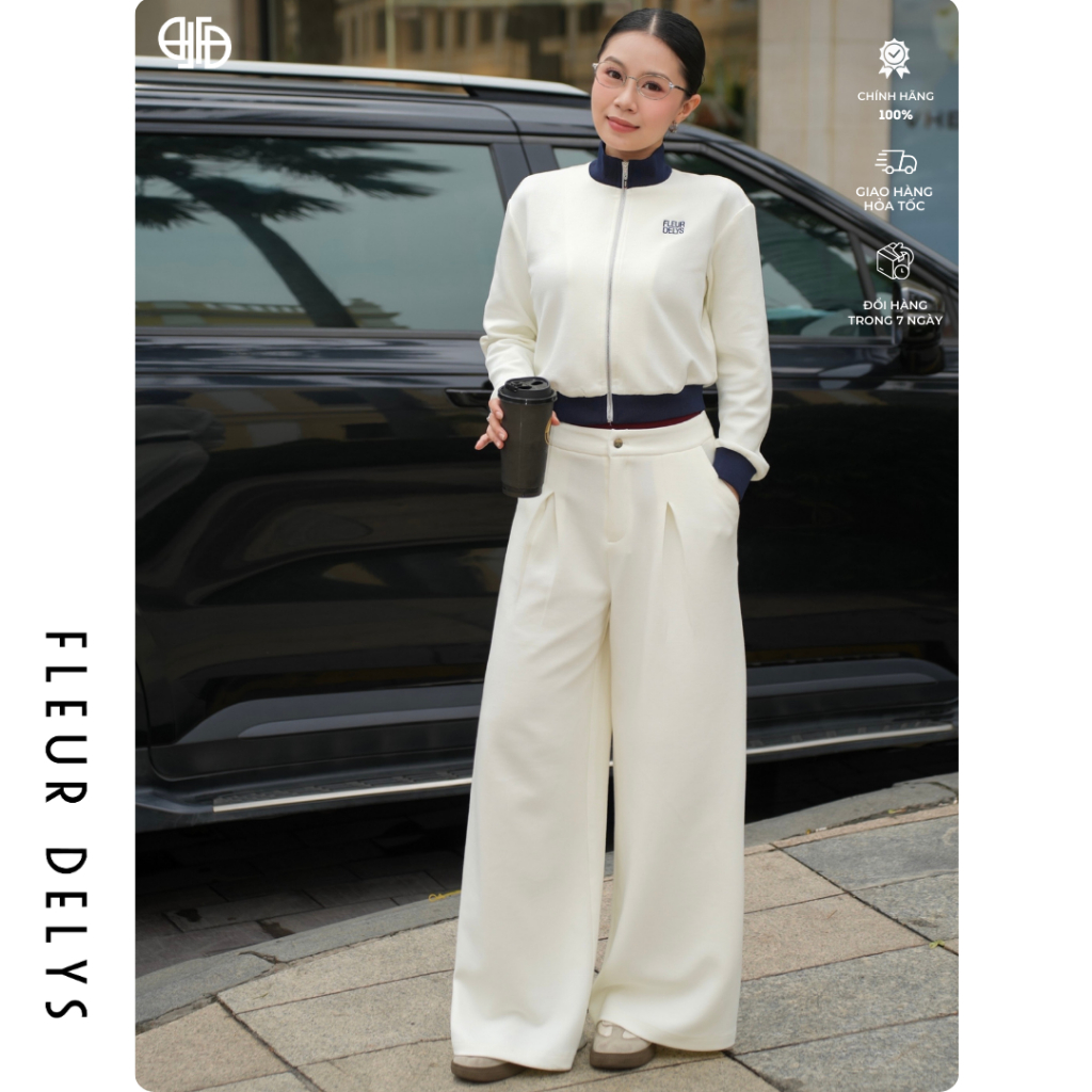 ชุดเครื่องบินทิ้งระเบิดผ้าฟลีซสีขาว - เสื้อแจ็คเก็ตหมีปักลายตัวอักษร Fleurdelys พร้อมกางเกงตรงด้านหน