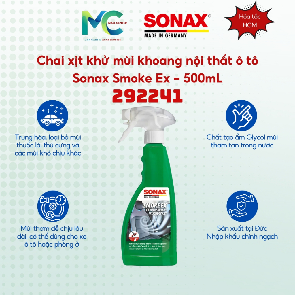 Sonax - สเปรย์ดับกลิ่นช่องภายในรถยนต์ Sonax 292241 Smoke Ex - 500mL - นําเข้าจากเยอรมัน