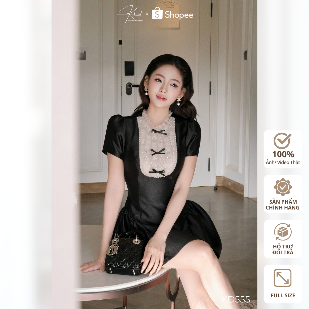 เดรสสั้นสไตล์เลดี้ tafta คอปกขาวบานและโบว์ดํา KD555