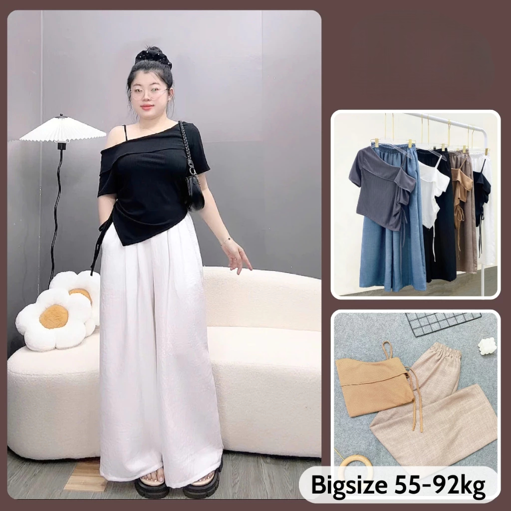 [Peinn] ชุดกระโปรงผู้หญิงขนาดใหญ่ปิดไหล่ Flap เสื้อยืด & กางเกงขากว้างหวายตรง 55-92Kg (G213+Q564)