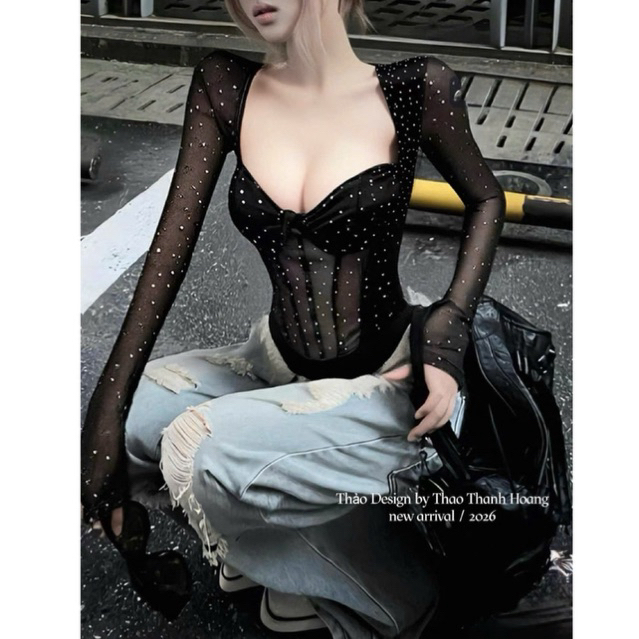 Slay ชุดบอดี้สูทตาข่ายหินนุ่มและยืดแขนยาวรุ่นมาตรฐาน//LA999