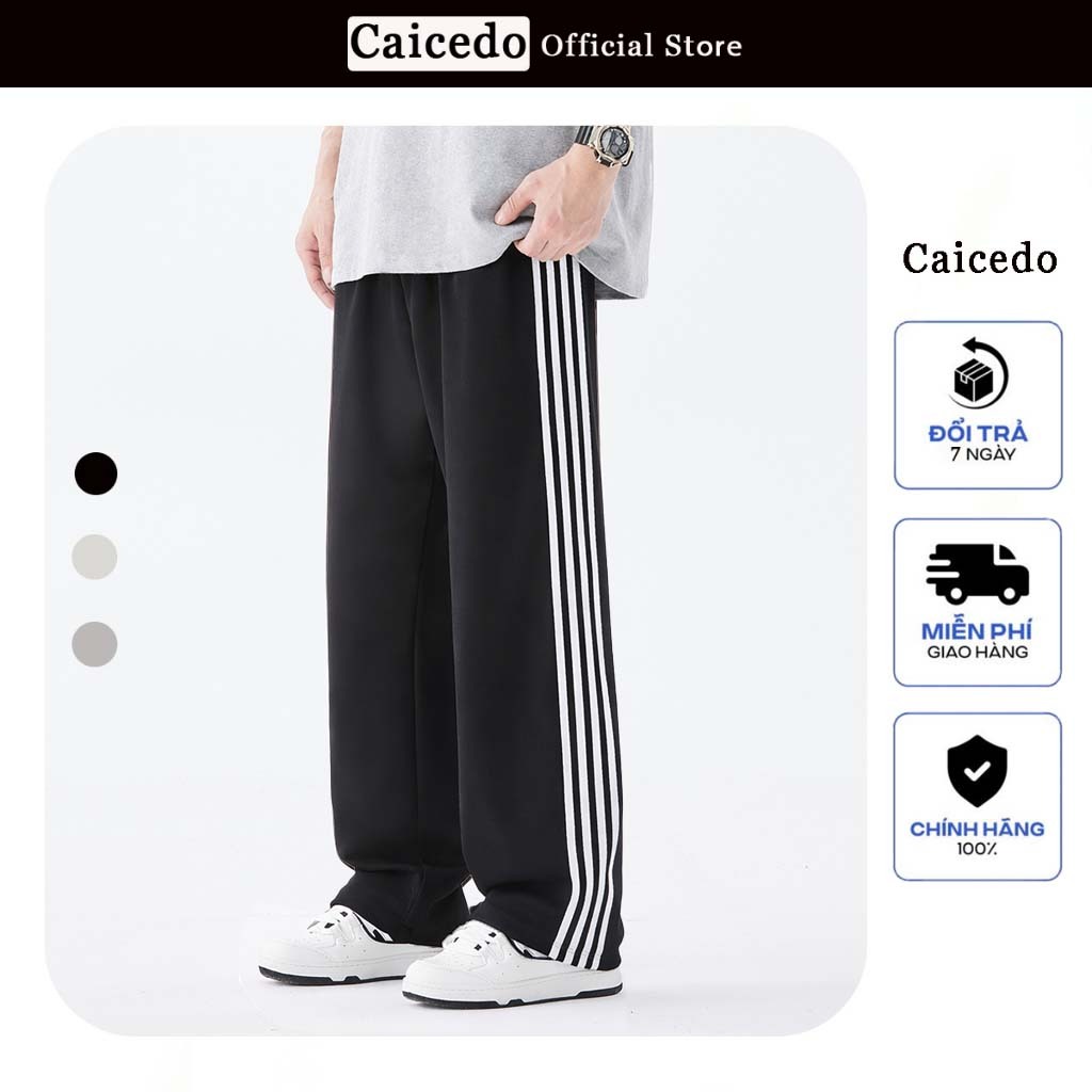 Unisex 4-Stripes Wide Leg Straight Pants Cotton Felt Fabric Designed with Drawstring Sports Q3S