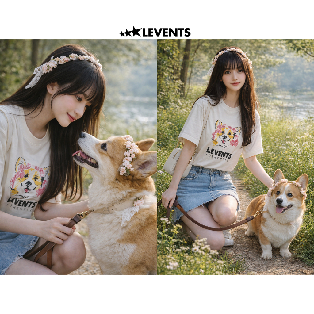LEVENTS LEVENTS LEVENTS LEVENTS | เสื้อยืดโอเวอร์ไซส์ Corgi Flower / สีขาว