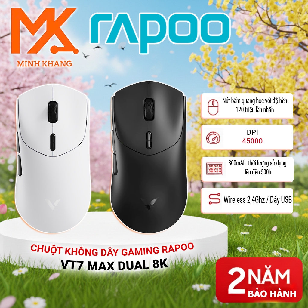Rapoo VT7 Max เมาส์สําหรับเล่นเกมคู่ – ไร้สาย, เบา 74g, 24,000 DPI, Latency ต่ํา, RGB, แบตเตอรี่ 800
