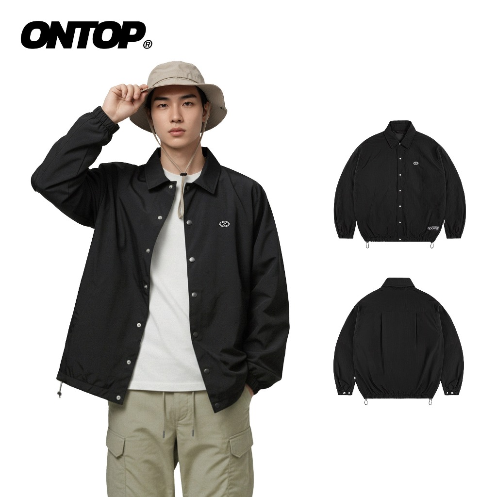 ONTOP ร่มชูชีพย่น 2 ชั้นสําหรับผู้ชาย เสื้อกันลมคอปกเปิดลง สีดํามีกระเป๋าด้านใน Windbreaker Shirt | 