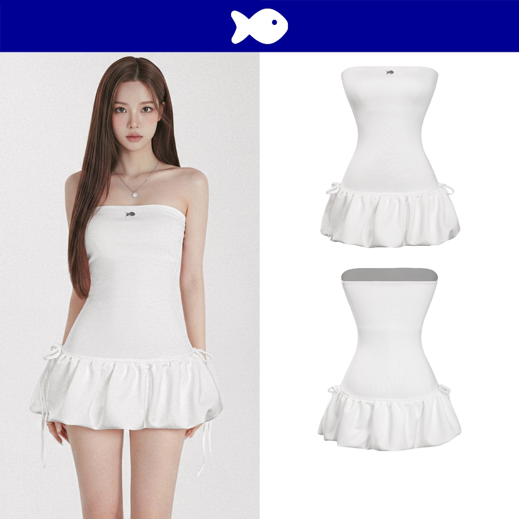 DKMV เดรสนมโตบานสั้นพร้อมกางเกงผูกโบว์สีขาวน่ารักทั้งสองด้าน Areum Dress| K-D21-T