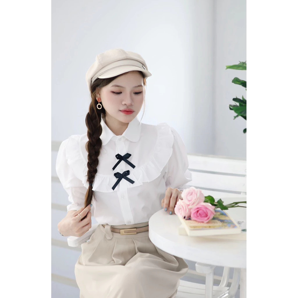 [Painn] SHORT-SLEEVE WHITE SHIRT WITH BLACK BOW AM86