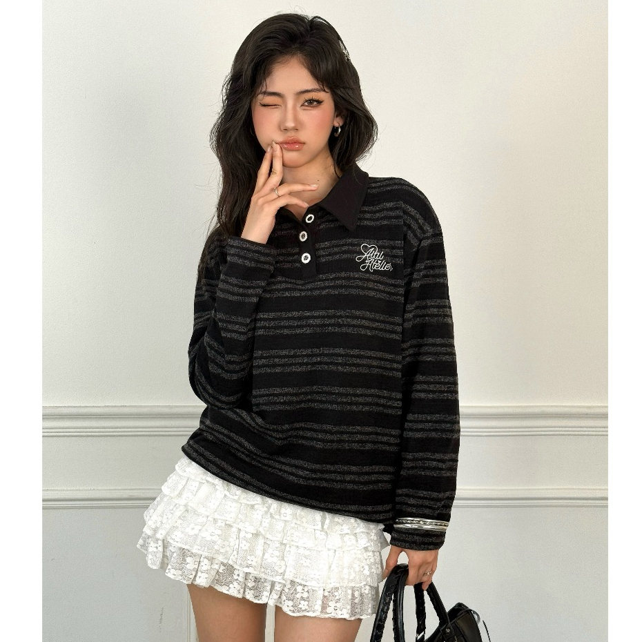 Cosie Long Sleve Top Aiai เสื้อโปโลลายทางแขนยาวทรงหลวมอย่างเป็นทางการ