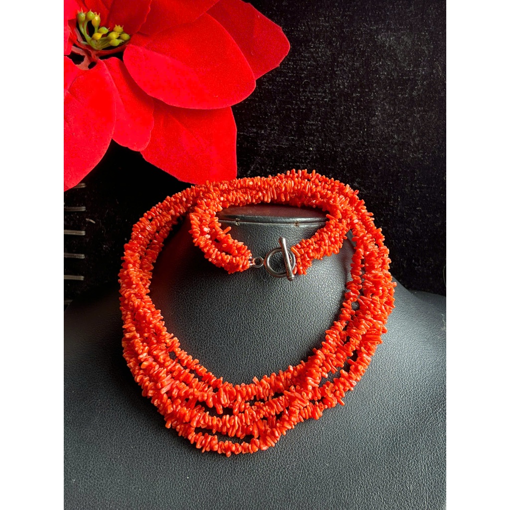 สร้อยคอ6เส้นสาขาเลือดแดงธรรมชาติยาวประมาณ5มม.ยาว56ซม.หัวเข็มขัดเงินOTคุณภาพญี่ปุ่นใหม่เอี่ยม