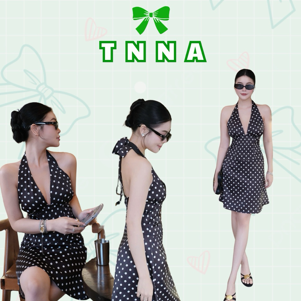 TNA_Set เสื้อคล้องคอลายจุดผ้าไหมพร้อมกระโปรงเบสิคที่หรูหรา