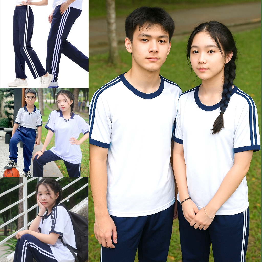 จาดิน ชุดยิมนักเรียนชายและหญิงคุณภาพสูงสองแถบแถบสามแถบสีขาวยางยืดโพลีหนัง2ยืด4ทาง