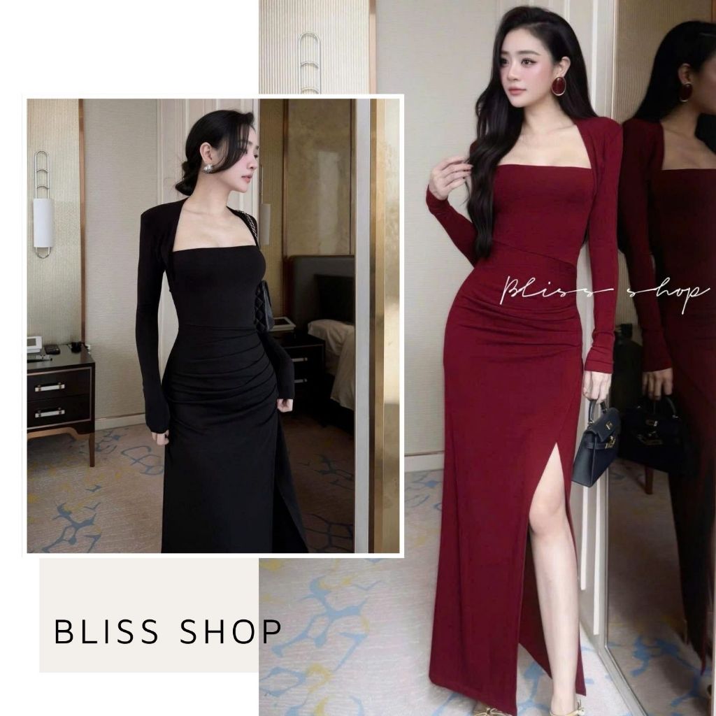 [การออกแบบระดับไฮเอนด์] Bliss Shop ชุดเดรสเข้ารูปหรูหราพร้อมปกสี่เหลี่ยมและร่องยืดอ่อน - V807