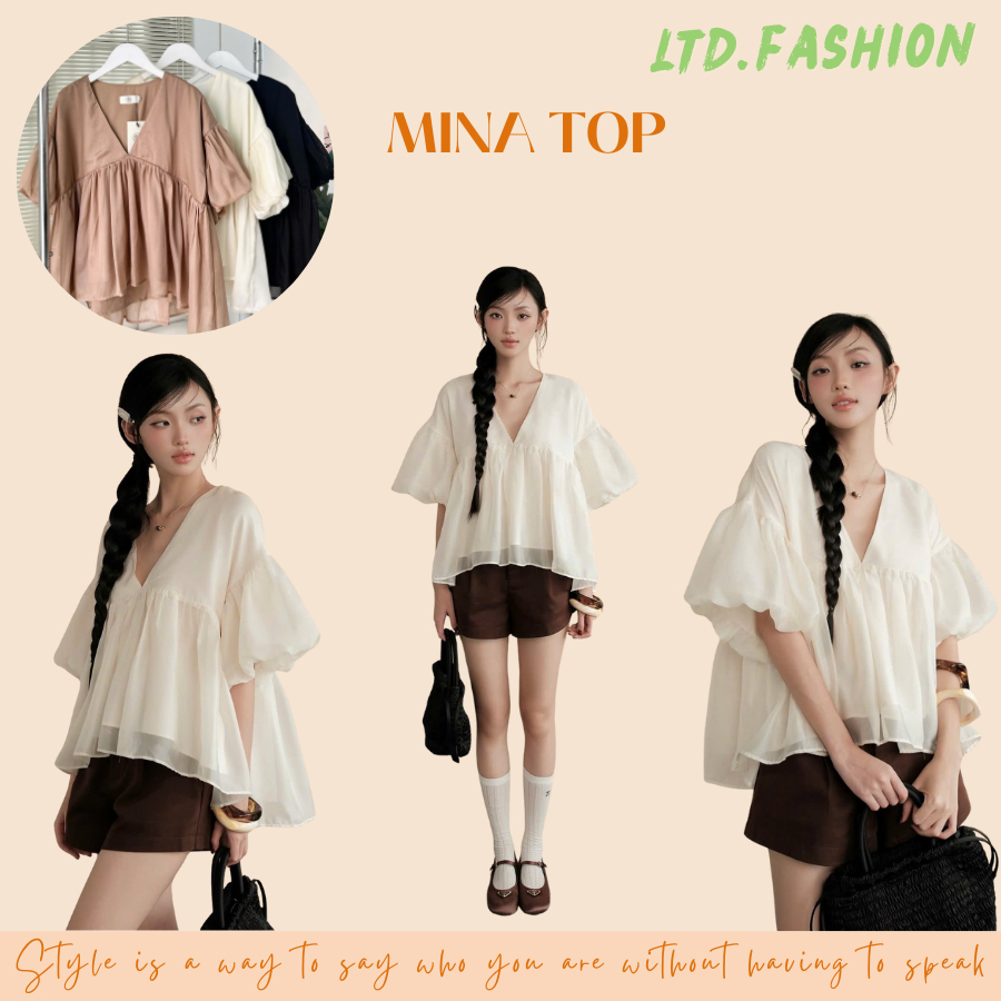 MINA TOP - เสื้อเชิ้ต BABYDOLL FORM แขนพัฟ V-NECKLACE - LTD.FASHION