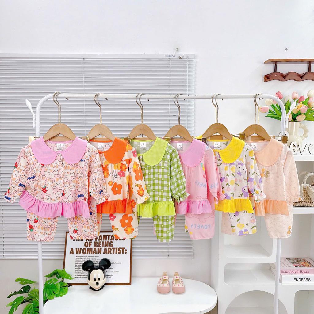 NT439 ชุดนอนชุดอยู่บ้านผ้าฝ้ายแขนยาวผ้าลินินสําหรับเด็กผู้หญิงชุดชุดนอนกระดุมปกบัวสําหรับเด็กทารก