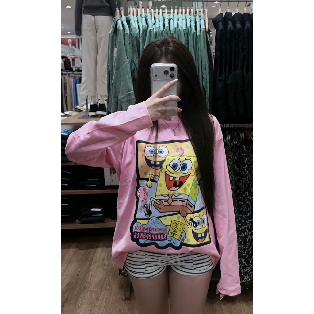 Boxy Form Sponge Long-Sleeve T-Shirt, Sharp Print Type 1, ผ้าสวยผ้าฝ้ายหนาไม่มี Ruffles Hottrend