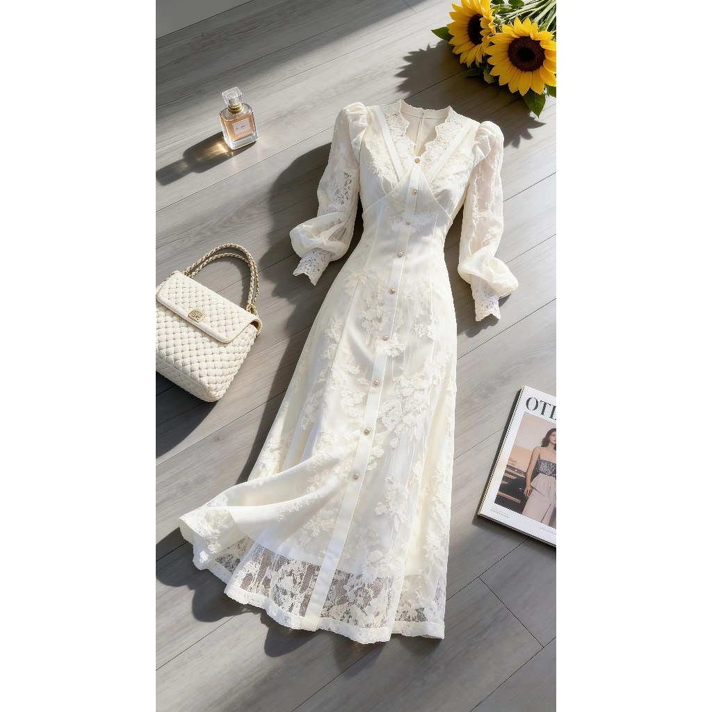 ชุดขาวยาว, คุณภาพสูง 2-LAYER EMERGED FLOWER LACE, LADY FORM, FLOORABLE, ELEGANT