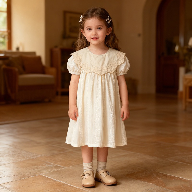 [Aeg Babyi] ชุดเดรสแขนสั้นคอปก Peter Pan ของเด็กผู้หญิงฤดูร้อนใหม่ลายปัก B043