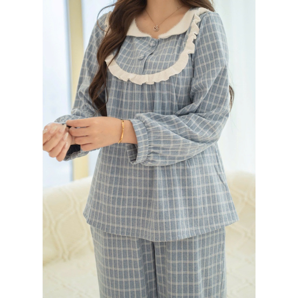 BAE MALI - SP1063 เดรสบ้านลายทางสีน้ําเงินคอปกขนสัตว์