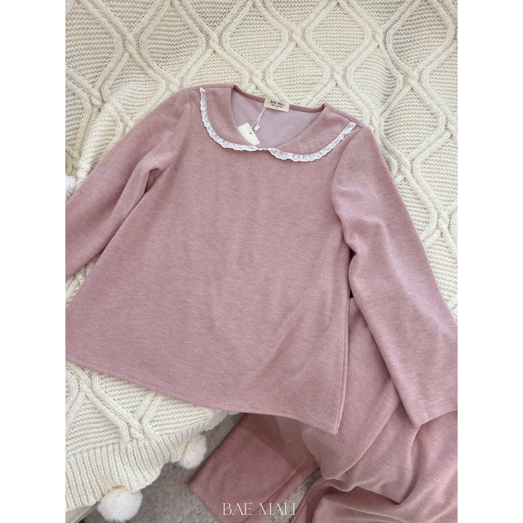 BAE MALI - SP1104 เดรสบ้านไหมพรมสีชมพูคอปกลูกไม้