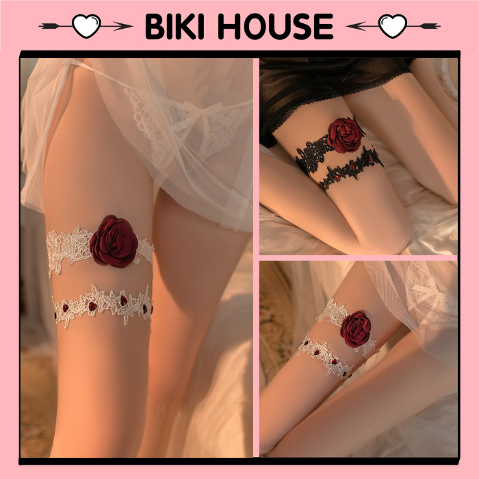 กําไลข้อเท้าลูกไม้กุหลาบสีดําและสีขาวน่ารักและเซ็กซี่ เค้นคอ ต้นขากุหลาบผสมผสานกับคอสเพลย์เซ็กซี่เย้