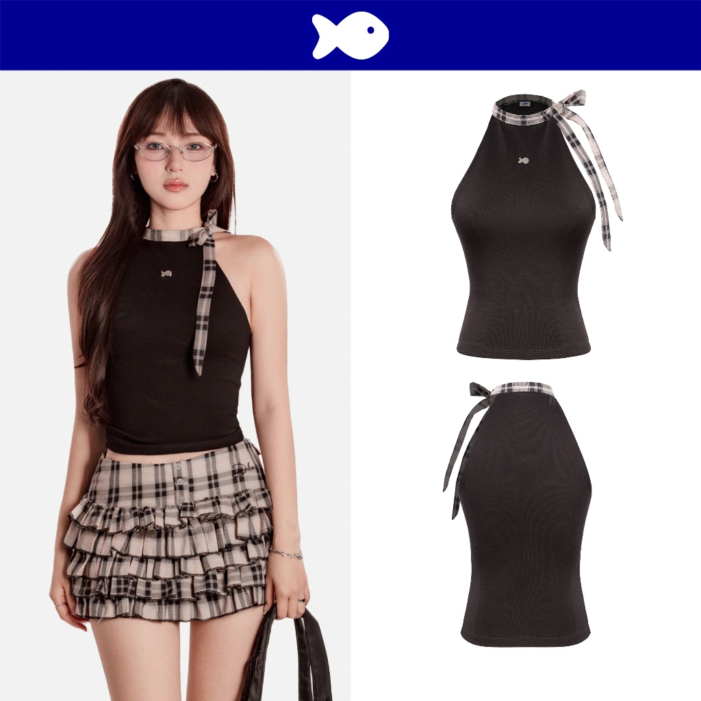 คล้องคอผูกโบว์ DKMV ของผู้หญิงสวย สีดําคอลายตารางหมากรุกน่ารักและซิปเข้ารูป Willow Top| K-SET3-TD