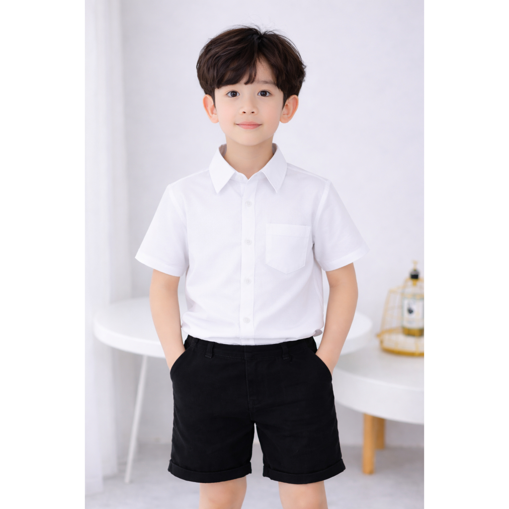 เสื้อสีขาว / สําหรับเด็กผู้ชาย 10กิโลกรัม - 40กิโลกรัม ผ้านิ่มยืด เท่ๆ ใส่ไปเรียน ออกงานได้ ชุดยูนิฟอร์ม