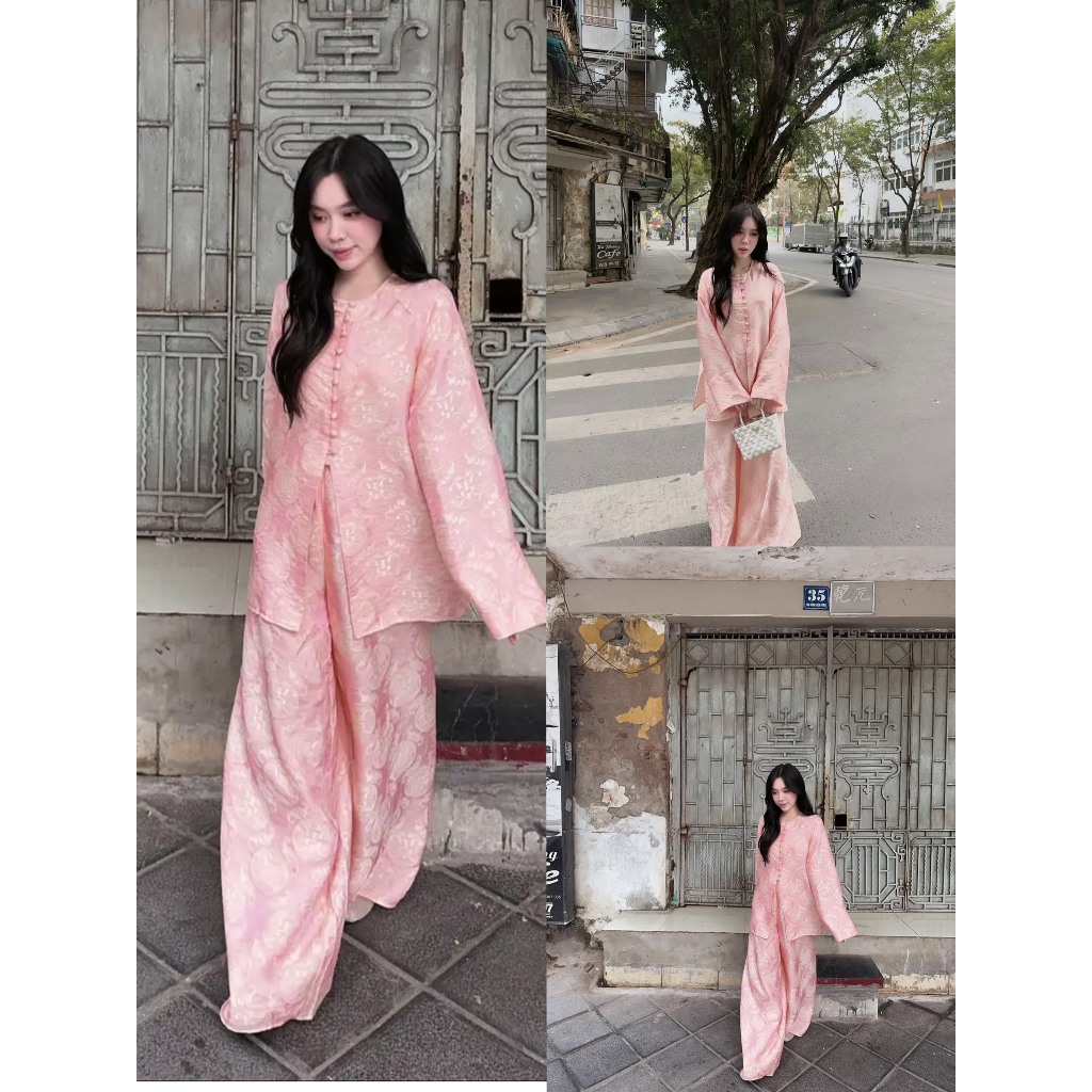 Hu- ชุดเสื้อผ้า FRENCH PINK ORANGE Brocade MIXED TINTIN LONG SURFACE PANTS