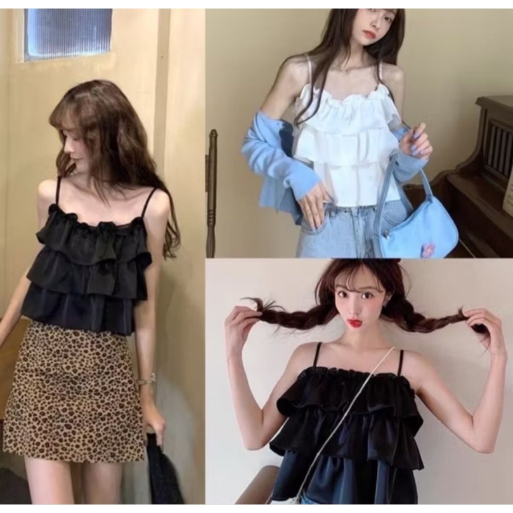 เสื้อท็อป 2 สาย Super pretty เสื้อคล้องคอบาน 3 ชั้น ไซส์ใหญ่ 40kg-120kg