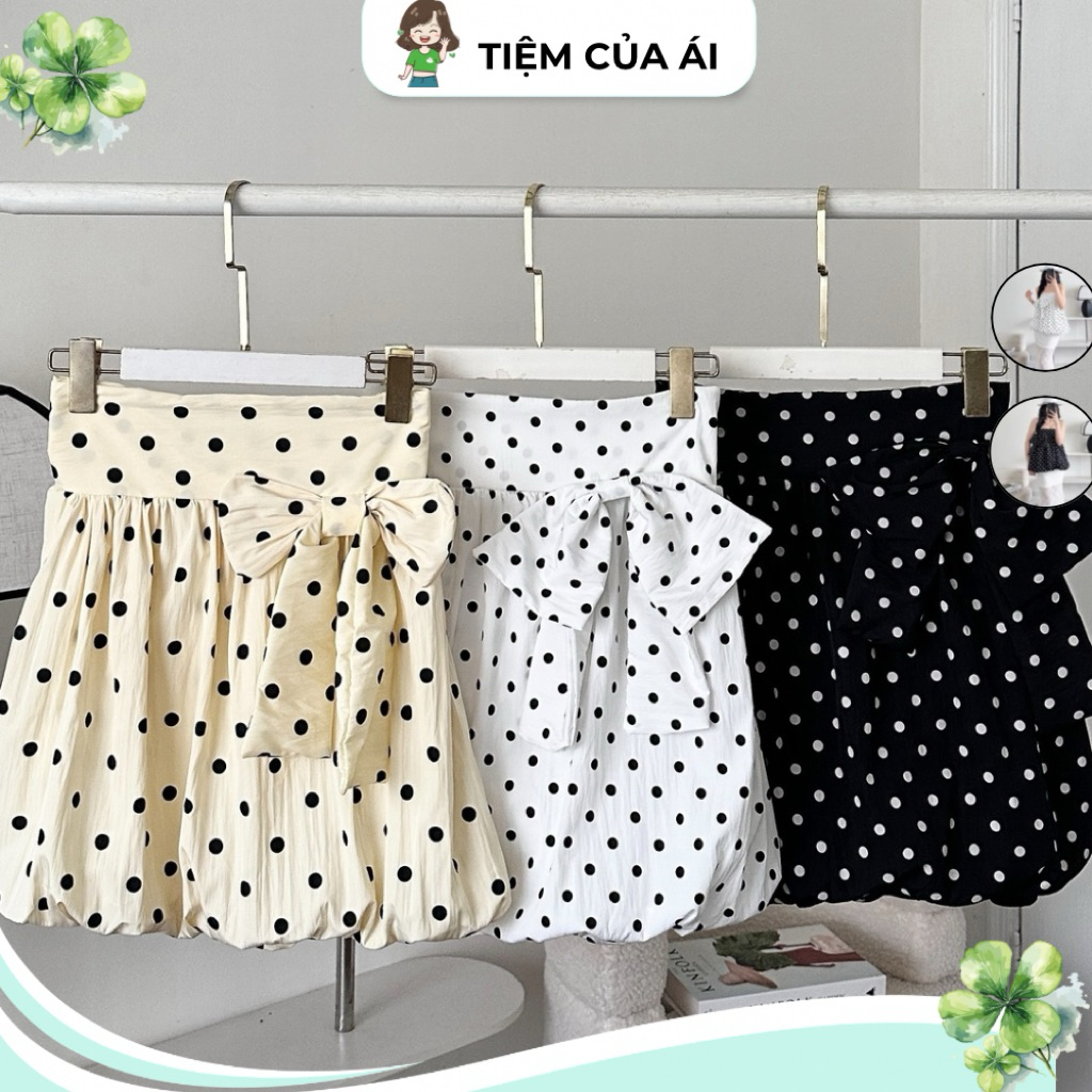 Babydoll Flared Polka Dot Bow Tube Top in Windy Fabric, Womens Top with Bow on the Chest