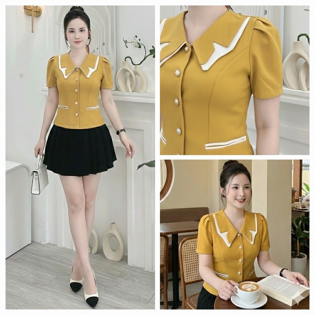 เสื้อสีส้ม Peplum A81 คอปกคู่ 2 ชั้นสวยๆ แขนสั้นเรียบหรู แบบผู้หญิง (ไม่รวมกางเกง/CV)