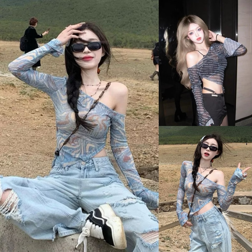 [มีจําหน่าย+ด่วน] Naii | เสื้อตาข่ายปาดไหล่ Slim คอนซีลเลอร์ BIGSIZE สไตล์ Y2K เท่ๆ - N293