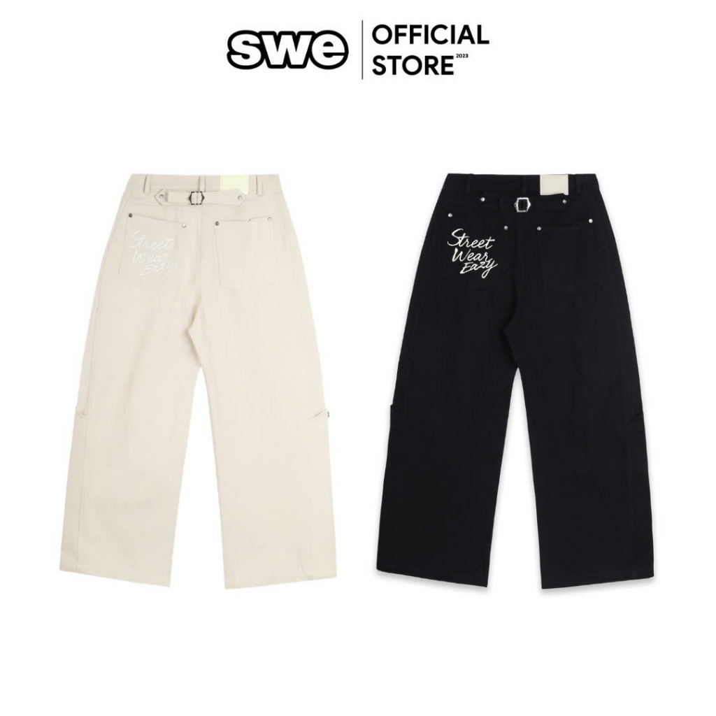 UNISEX MEN/WOMEN Khaki Long PANTS แบรนด์ท้องถิ่น SWE BELTED WIDE PANTS - สีดํา/สีเบจ