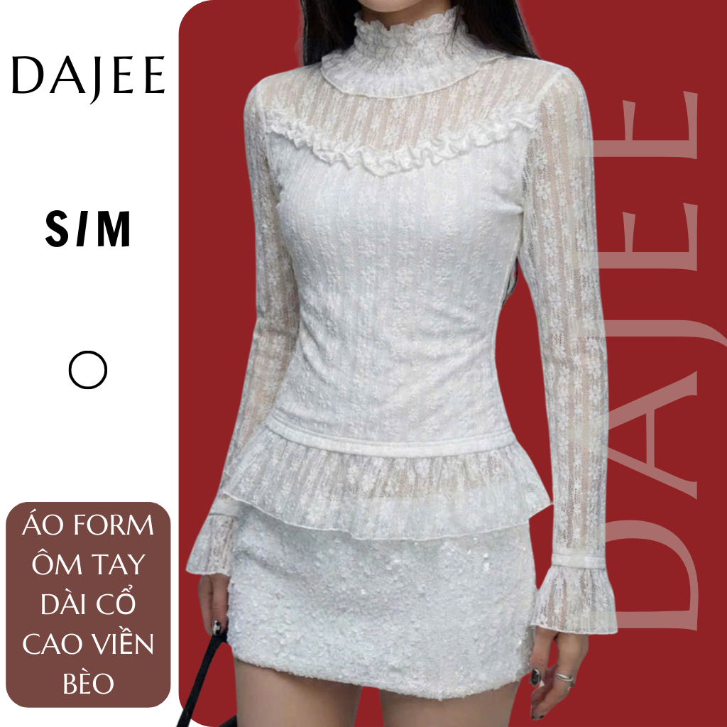 Dajee Slim เสื้อยืดอย่างเป็นทางการแขนยาวคอปกน่ารัก Ruffle Hem สีขาว 3 ขนาด XS/S/M ลูกไม้ยืด ADC033