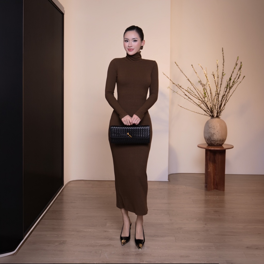 [BUSY] ชุดเดรสขนสัตว์แขนยาวคอเต่า BUSHY สําหรับผู้หญิง VDT30