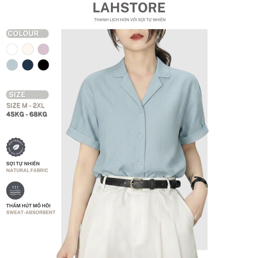 LAHSTORE เสื้อเชิ้ตผ้าฝ้ายแขนสั้นทรงหลวมสําหรับผู้หญิงคอปกเสื้อกั๊กเปิดไหล่ ASM09 (สีฟ้า, สีขาว, สีดํา, สีเบจ, สีม่วง)