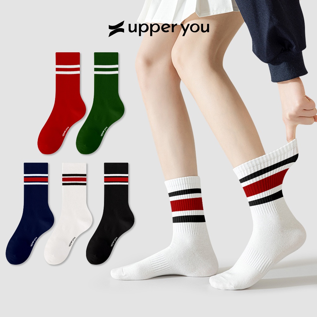[Combo of 3 คู่] UPPER YOU ถุงเท้าคอสูงลายทางสําหรับผู้ชายและผู้หญิงผ้าฝ้ายธรรมชาตินุ่มระบายอากาศระง