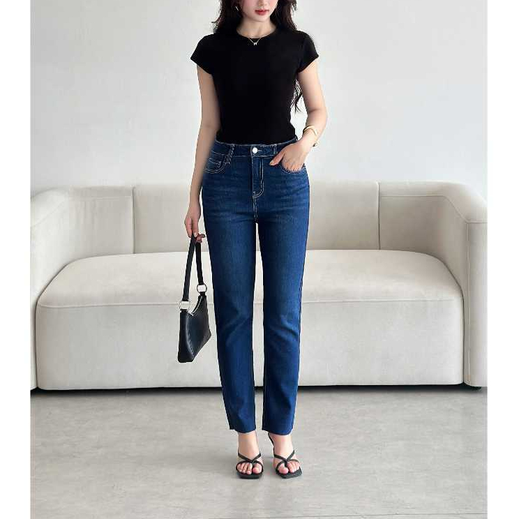 REDE BC-03B กางเกงยีนส์ขาตรงผู้หญิงเอวสูงยืดหยุ่นเล็กน้อยสีน้ําเงินเข้มล้าง Hybrid Cut สําหรับผู้หญิ