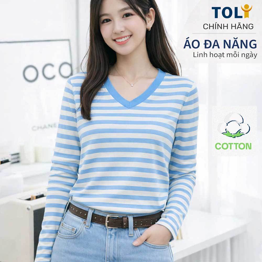 TOLI LHV80 เสื้อยืดแขนยาวผู้หญิงคอวี - ทรงเข้ารูป แถบแนวนอน ผ้าคอตตอนยืด 4 ทิศทางเนื้อนุ่ม