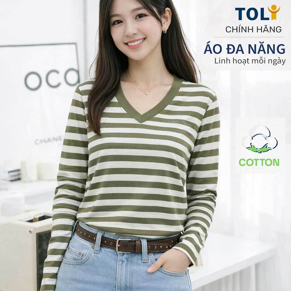 TOLI LHV82 เสื้อยืดแขนยาวผู้หญิงคอวี - ทรงเข้ารูป แถบแนวนอน ผ้าคอตตอนยืด 4 ทิศทางเนื้อนุ่ม