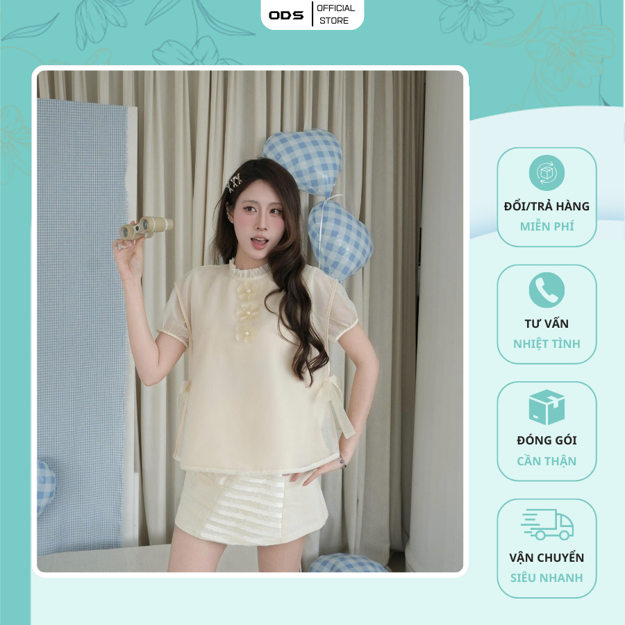 ODS เสื้อเชิ้ตครีม 2 ชั้น ดีไซน์คอกลมจับจีบ ดอกไม้หน้าอก โบว์เอว เสื้อเชิ้ตแขนสั้นพองธรรมดา - JA2